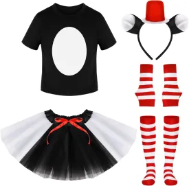 100 Days of School Kid Cat Hat Costume Set Black Cat Outfit Girl T-shirt Tutu Skirt Red White Striped Sock Gloves