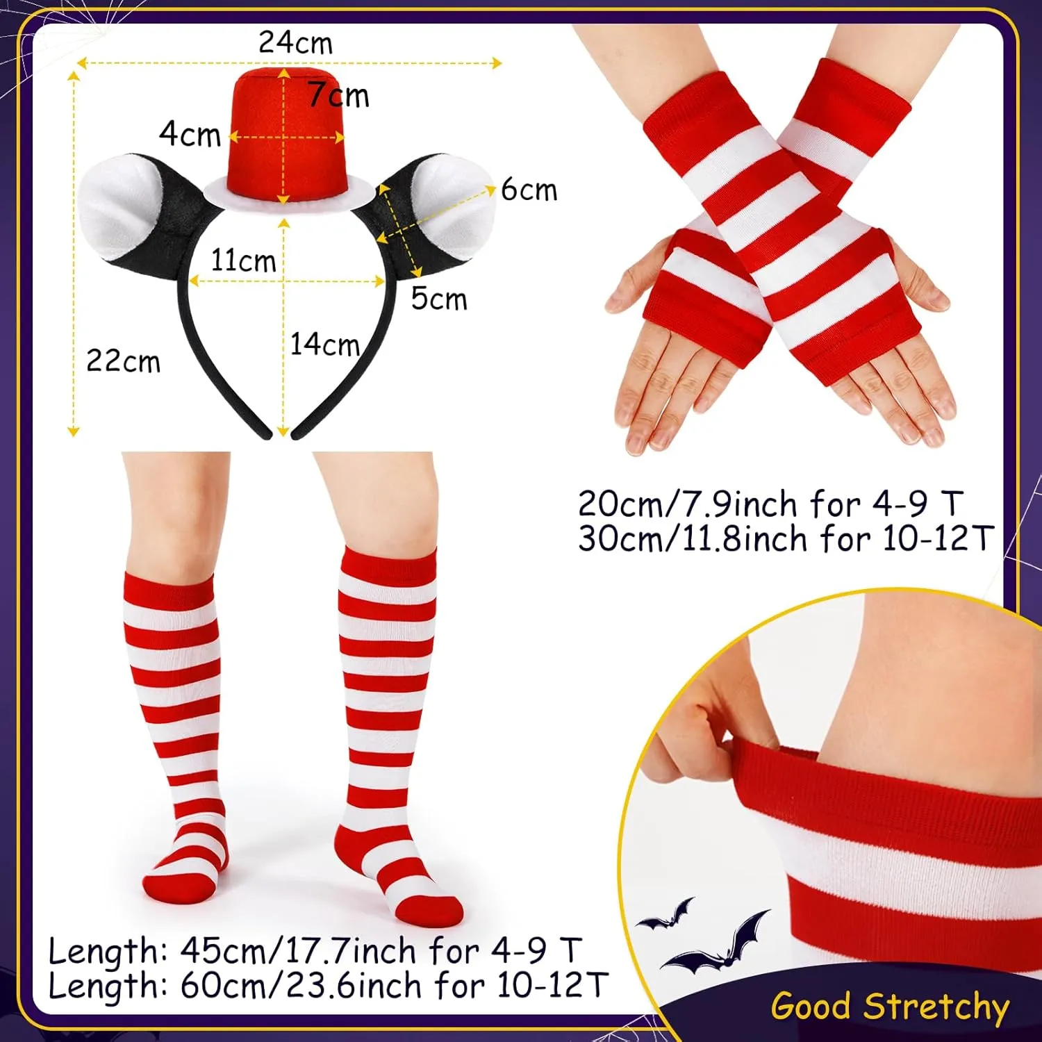 100 Days of School Kid Cat Hat Costume Set Black Cat Outfit Girl T-shirt Tutu Skirt Red White Striped Sock Gloves