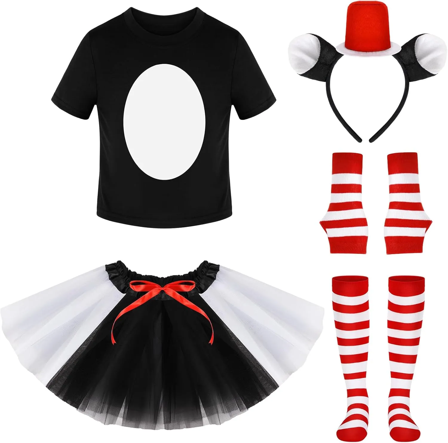 100 Days of School Kid Cat Hat Costume Set Black Cat Outfit Girl T-shirt Tutu Skirt Red White Striped Sock Gloves