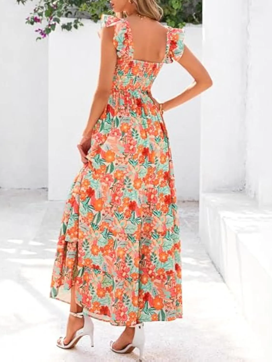 2025 Women's Summer Boho Floral Maxi Dress with Pockets - A-Line Smocked Tiered Ruffle Sleeveless Beach Sun Dress