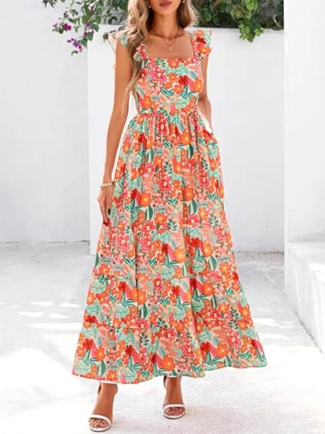 2025 Women's Summer Boho Floral Maxi Dress with Pockets - A-Line Smocked Tiered Ruffle Sleeveless Beach Sun Dress