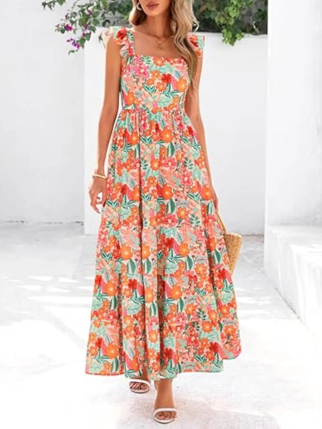 2025 Women's Summer Boho Floral Maxi Dress with Pockets - A-Line Smocked Tiered Ruffle Sleeveless Beach Sun Dress