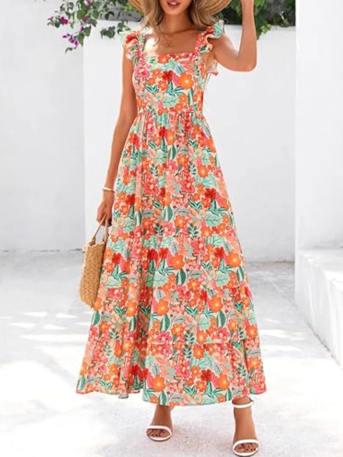 2025 Women's Summer Boho Floral Maxi Dress with Pockets - A-Line Smocked Tiered Ruffle Sleeveless Beach Sun Dress