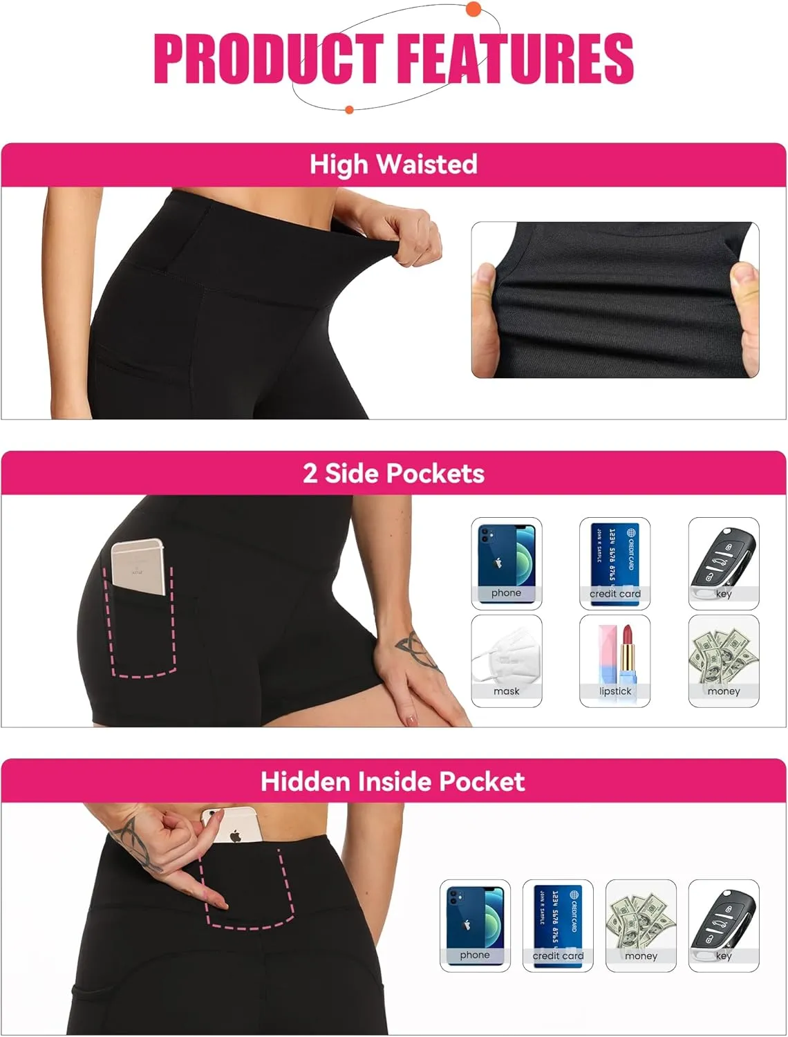 3 Pack Biker Yoga Shorts with Pockets for Women, High Waist Tummy Control Workout Running Gym