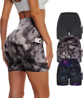 3 Pack Biker Yoga Shorts with Pockets for Women, High Waist Tummy Control Workout Running Gym