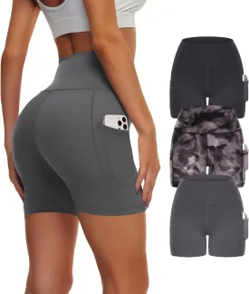 3 Pack Biker Yoga Shorts with Pockets for Women, High Waist Tummy Control Workout Running Gym