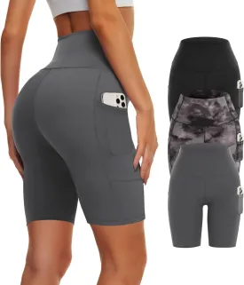 3 Pack Biker Yoga Shorts with Pockets for Women, High Waist Tummy Control Workout Running Gym