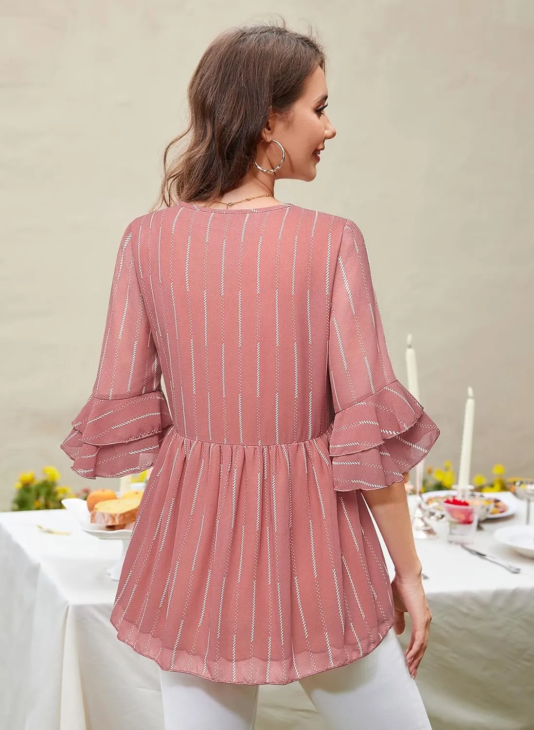Bulotus Womens 3/4 Sleeve Ruffle Dressy Casual Tops V Neck Chiffon Blouses
