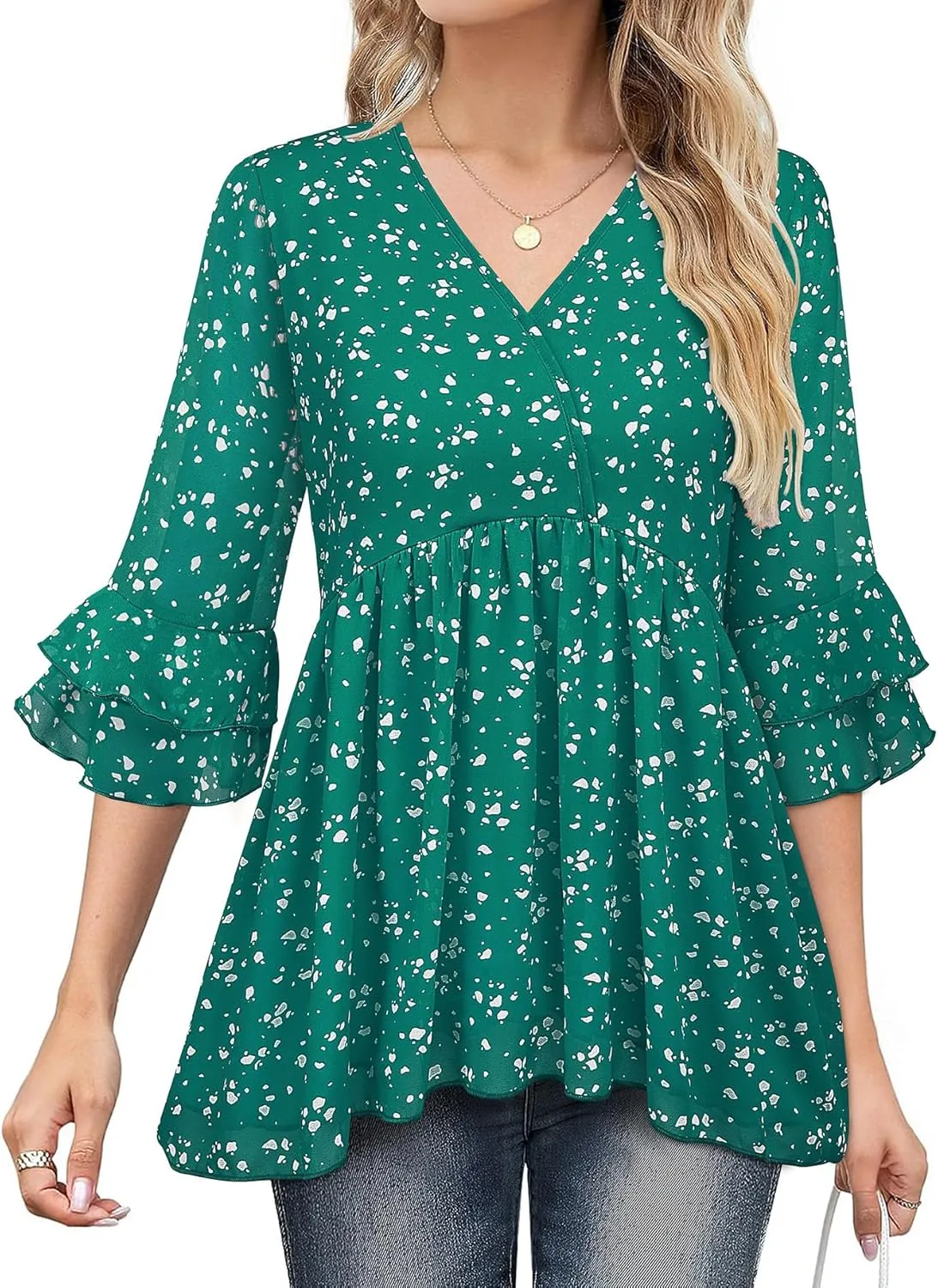 Bulotus Womens 3/4 Sleeve Ruffle Dressy Casual Tops V Neck Chiffon Blouses