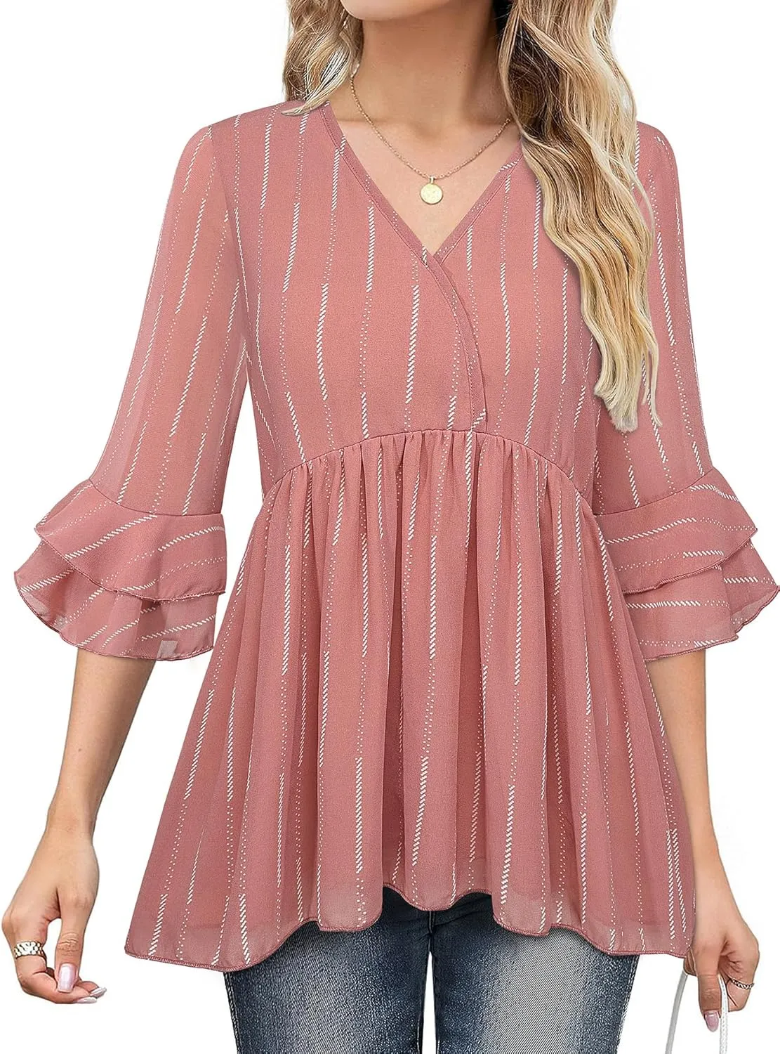 Bulotus Womens 3/4 Sleeve Ruffle Dressy Casual Tops V Neck Chiffon Blouses
