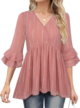 Bulotus Womens 3/4 Sleeve Ruffle Dressy Casual Tops V Neck Chiffon Blouses