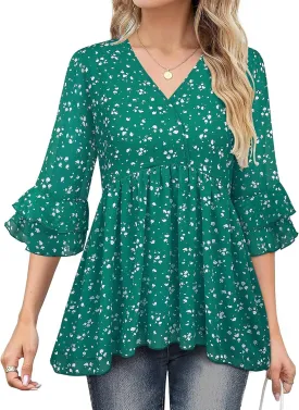 Bulotus Womens 3/4 Sleeve Ruffle Dressy Casual Tops V Neck Chiffon Blouses