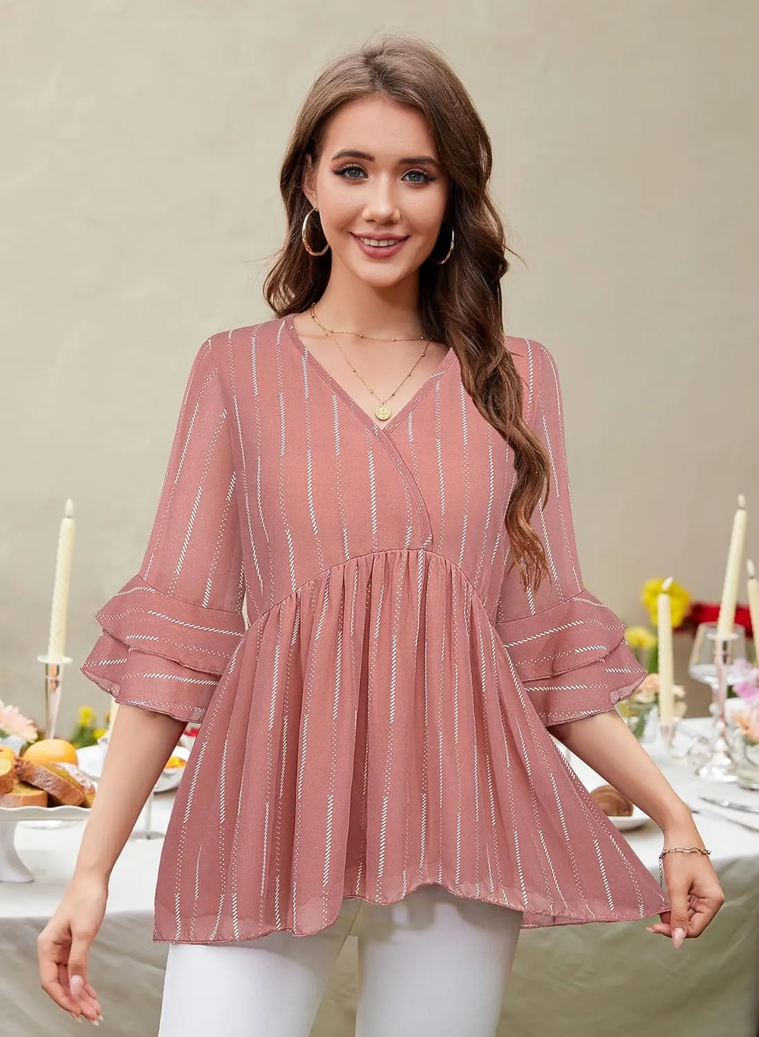 Bulotus Womens 3/4 Sleeve Ruffle Dressy Casual Tops V Neck Chiffon Blouses