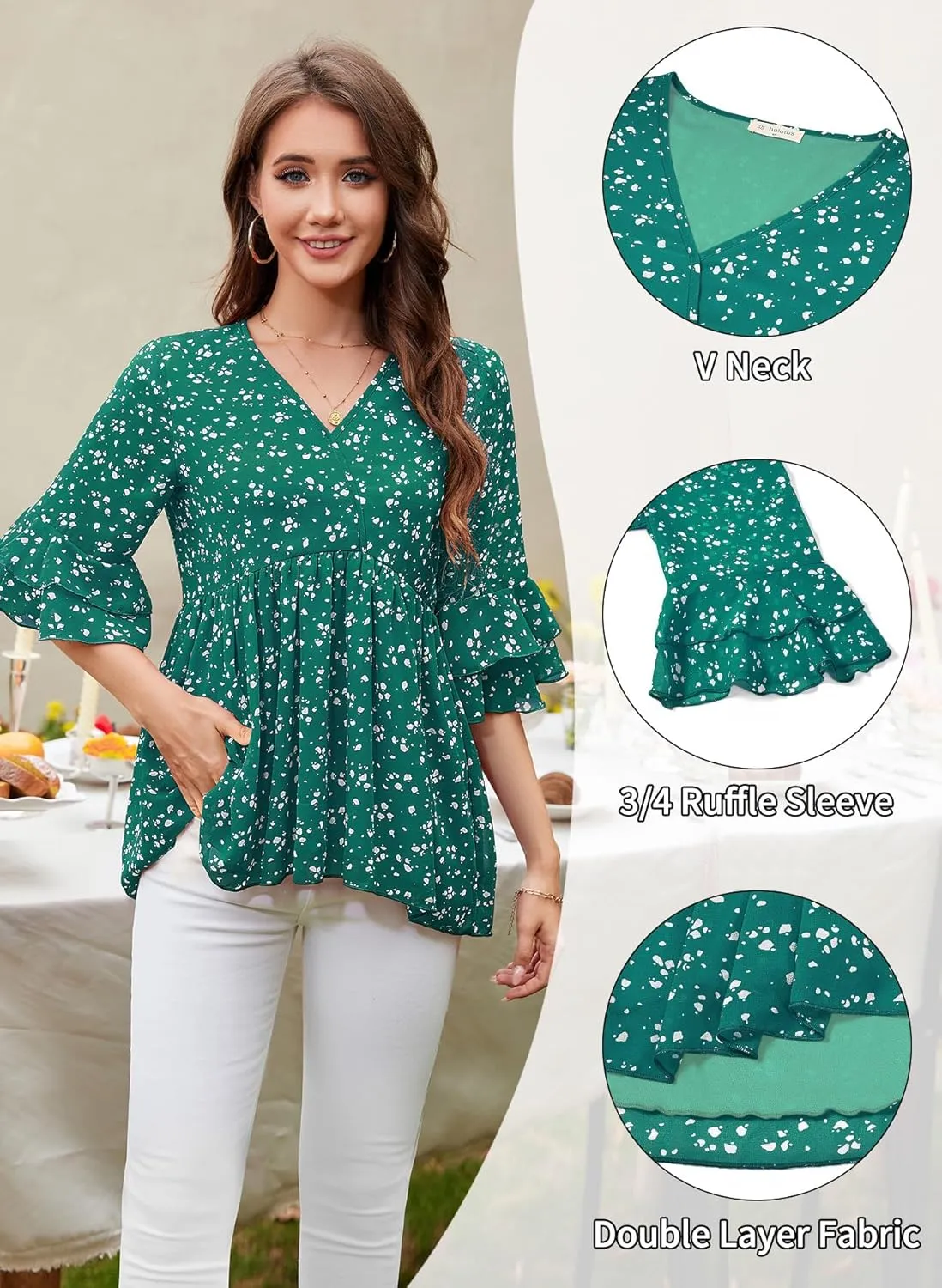 Bulotus Womens 3/4 Sleeve Ruffle Dressy Casual Tops V Neck Chiffon Blouses