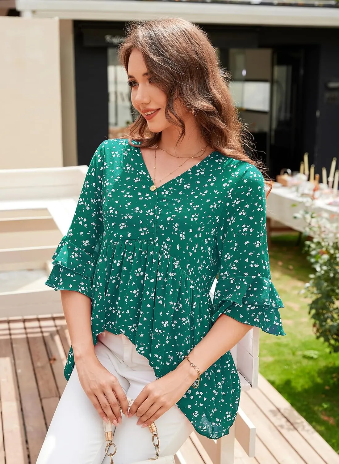 Bulotus Womens 3/4 Sleeve Ruffle Dressy Casual Tops V Neck Chiffon Blouses