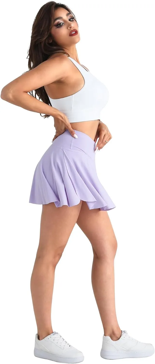 CHRLEISURE Women Tennis Golf Skirt with Pockets - High Waisted Crossover Golf Pleated Athletic Workout Dress Running Skort