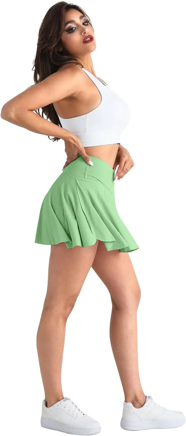 CHRLEISURE Women Tennis Golf Skirt with Pockets - High Waisted Crossover Golf Pleated Athletic Workout Dress Running Skort