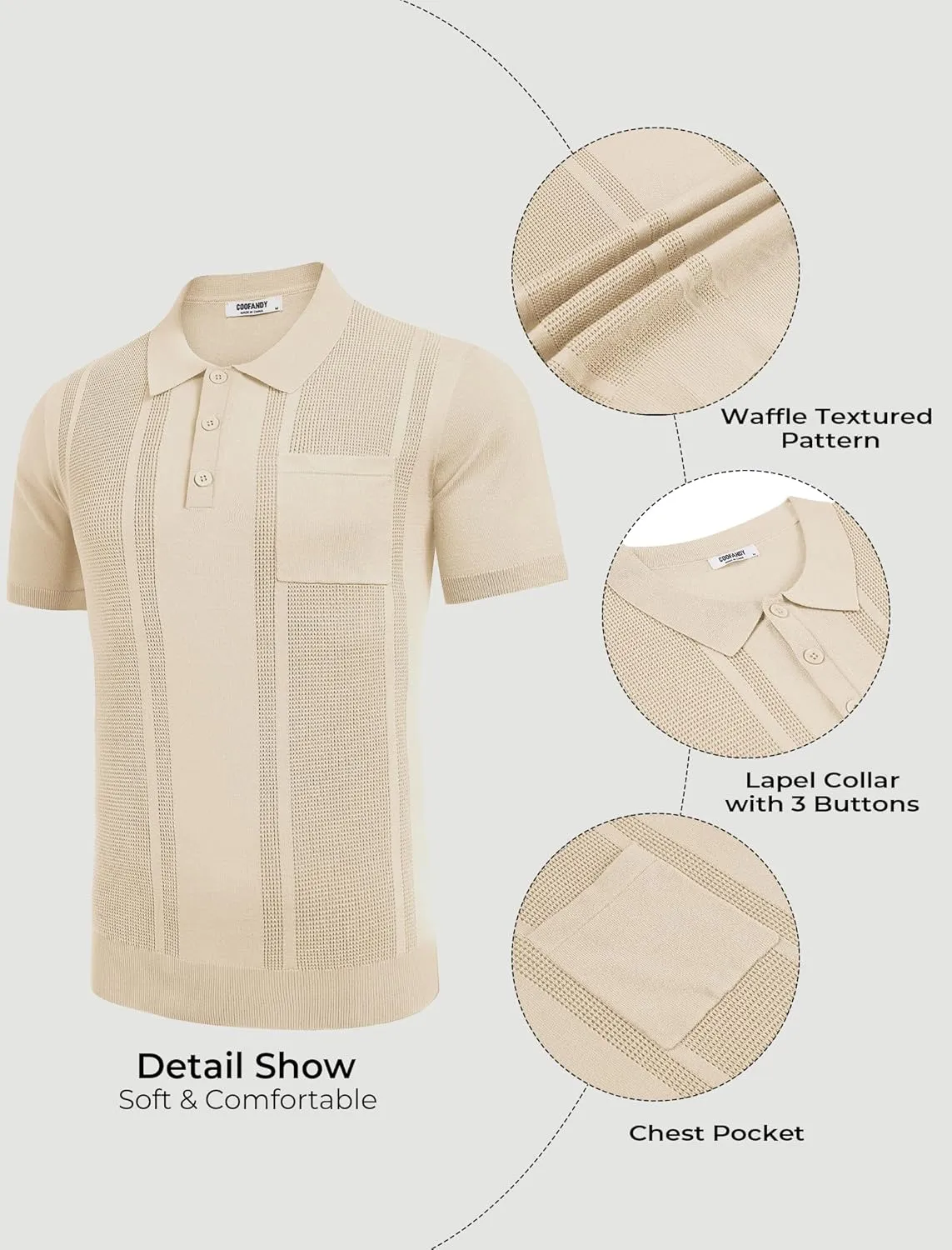 COOFANDY Knit Polo Shirts for Men Short Sleeve Textured Polo Shirt Slim Fit Summer Collared T Shirt with Pocket