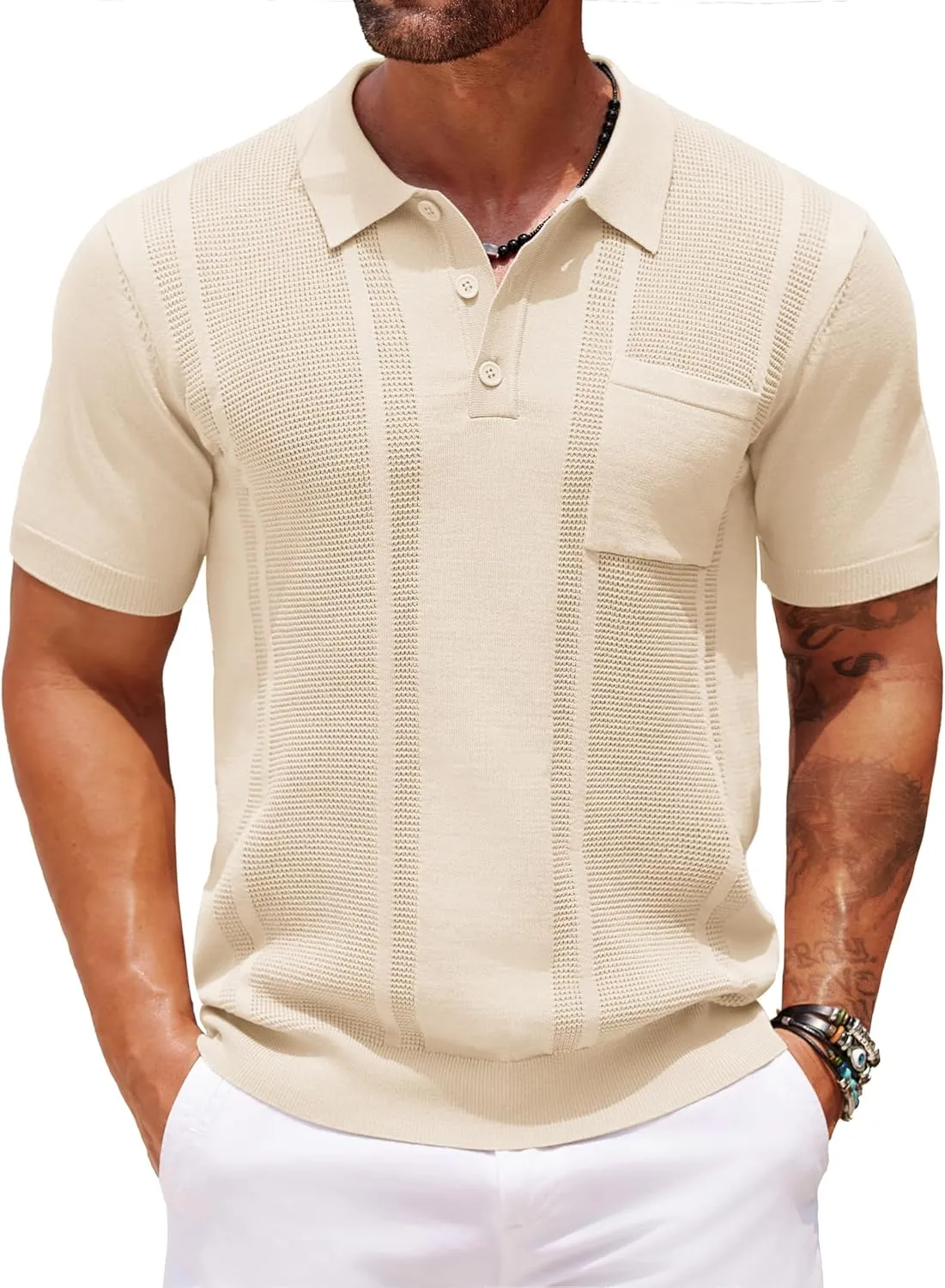 COOFANDY Knit Polo Shirts for Men Short Sleeve Textured Polo Shirt Slim Fit Summer Collared T Shirt with Pocket