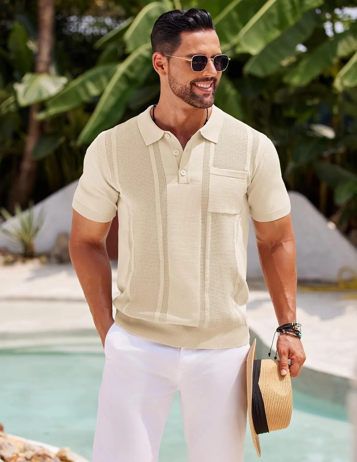 COOFANDY Knit Polo Shirts for Men Short Sleeve Textured Polo Shirt Slim Fit Summer Collared T Shirt with Pocket