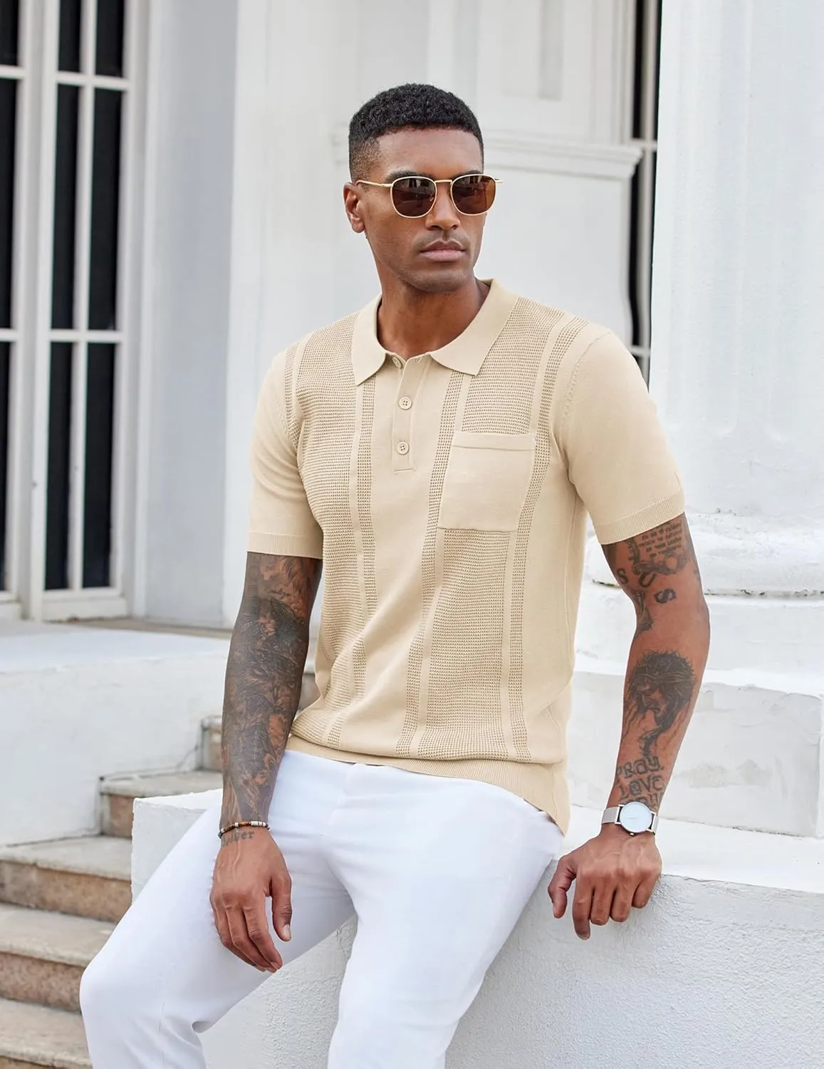 COOFANDY Knit Polo Shirts for Men Short Sleeve Textured Polo Shirt Slim Fit Summer Collared T Shirt with Pocket