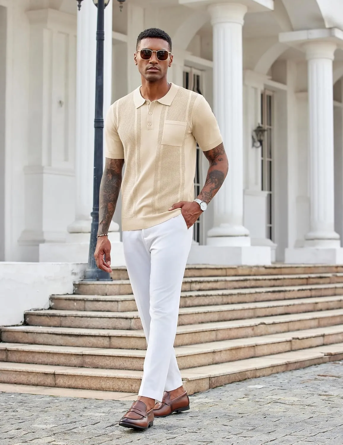 COOFANDY Knit Polo Shirts for Men Short Sleeve Textured Polo Shirt Slim Fit Summer Collared T Shirt with Pocket