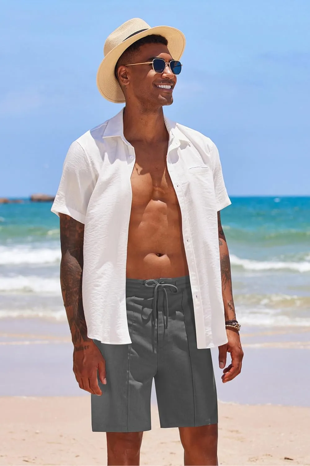 COOFANDY Men's Cotton Linen Shorts 8 Inch Inseam Stretch Casual Dress Summer Beach Golf Shorts with Pockets