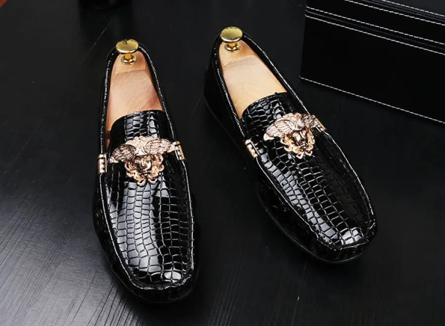 Crocodile Print Moccasins with Gold Emblems for Men