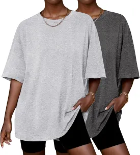 Ekouaer 2 Pack Womens Tops Short Sleeve Oversized T Shirts Summer Spring Tops 2025 Basic Casual Tee Top S-XXL