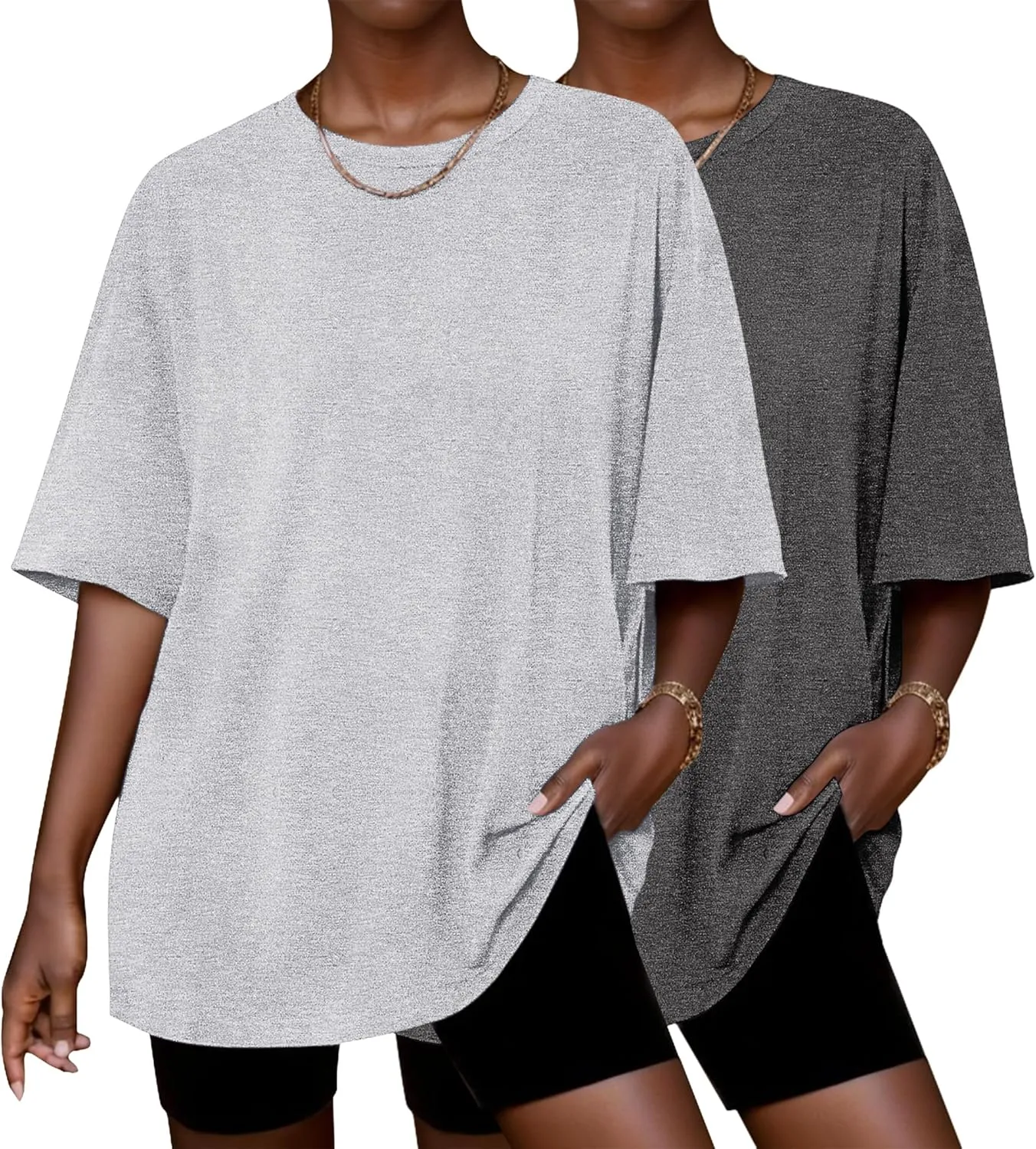 Ekouaer 2 Pack Womens Tops Short Sleeve Oversized T Shirts Summer Spring Tops 2025 Basic Casual Tee Top S-XXL