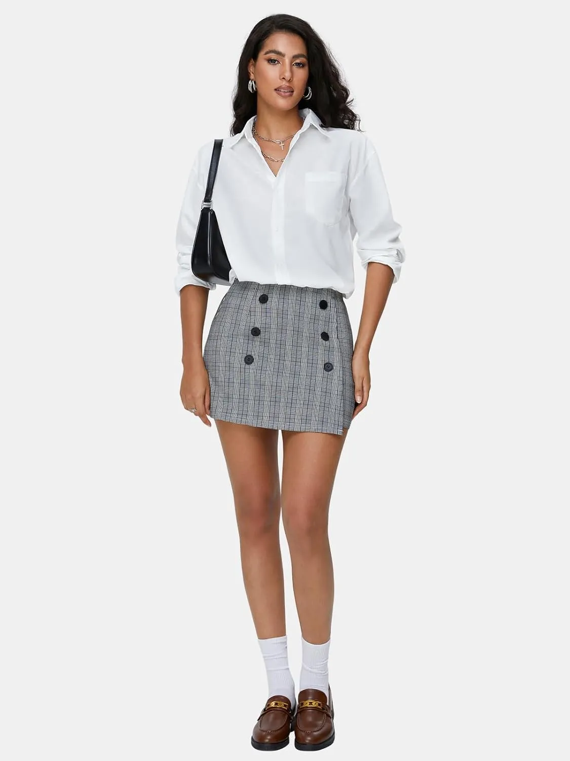 EXLURA Womens Button Bodycon Mini Skirt Sexy Night Club High Waist Elastic Y2K Trendy Short Plaid Skirts