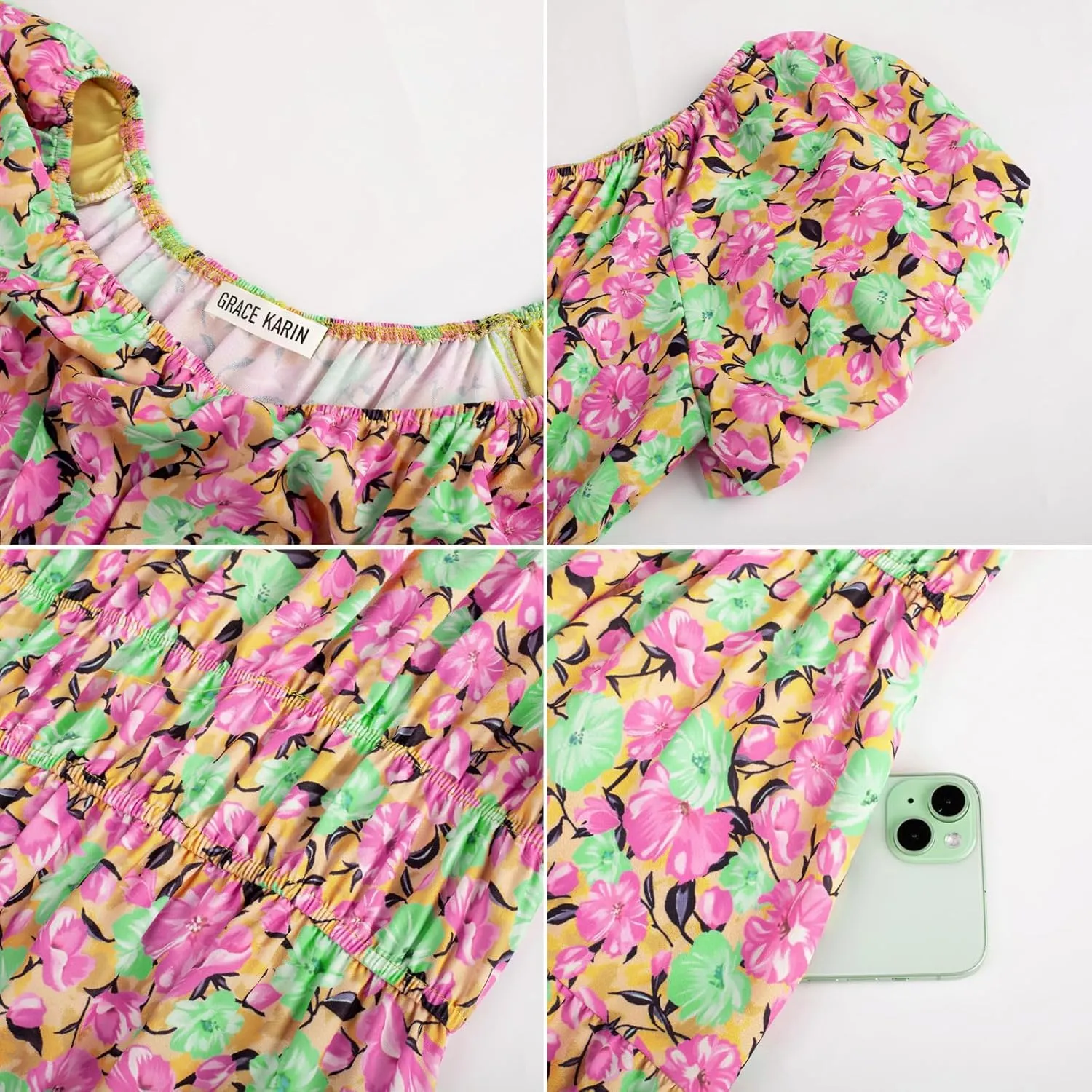GRACE KARIN Womens 2025 Summer Dress Off Shoulder Floral Dress Puff Sleeve Smocked Boho Beach Midi Dress with Pockets