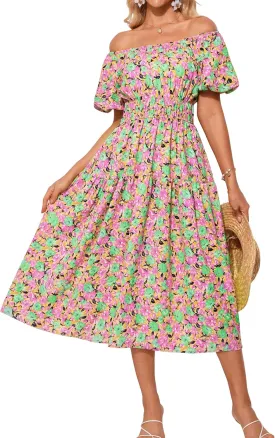GRACE KARIN Womens 2025 Summer Dress Off Shoulder Floral Dress Puff Sleeve Smocked Boho Beach Midi Dress with Pockets