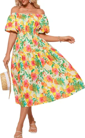 GRACE KARIN Womens 2025 Summer Dress Off Shoulder Floral Dress Puff Sleeve Smocked Boho Beach Midi Dress with Pockets