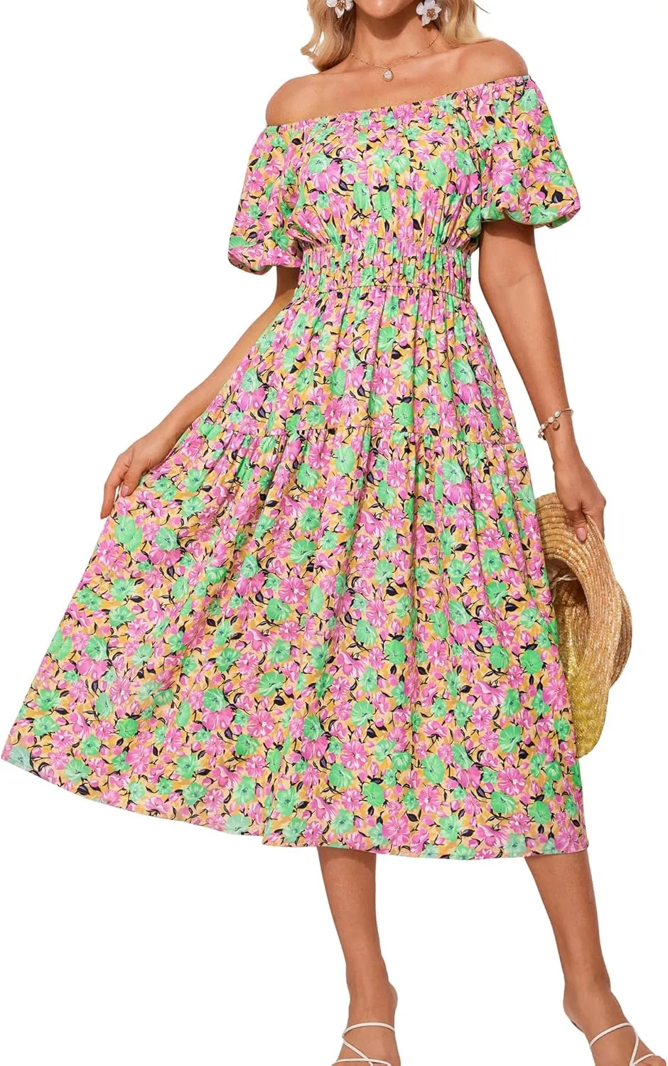 GRACE KARIN Womens 2025 Summer Dress Off Shoulder Floral Dress Puff Sleeve Smocked Boho Beach Midi Dress with Pockets