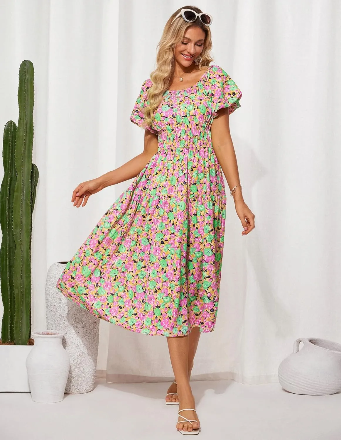 GRACE KARIN Womens 2025 Summer Dress Off Shoulder Floral Dress Puff Sleeve Smocked Boho Beach Midi Dress with Pockets