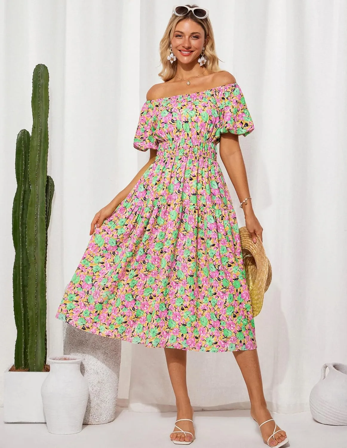 GRACE KARIN Womens 2025 Summer Dress Off Shoulder Floral Dress Puff Sleeve Smocked Boho Beach Midi Dress with Pockets