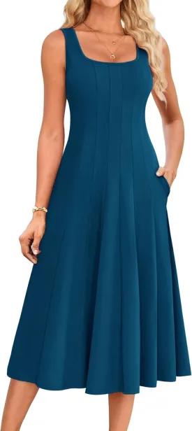 GRACE KARIN Womens 2025 Trendy Casual Tank Dresses Square Neck Sleeveless A Line Midi Sundress with Pockets