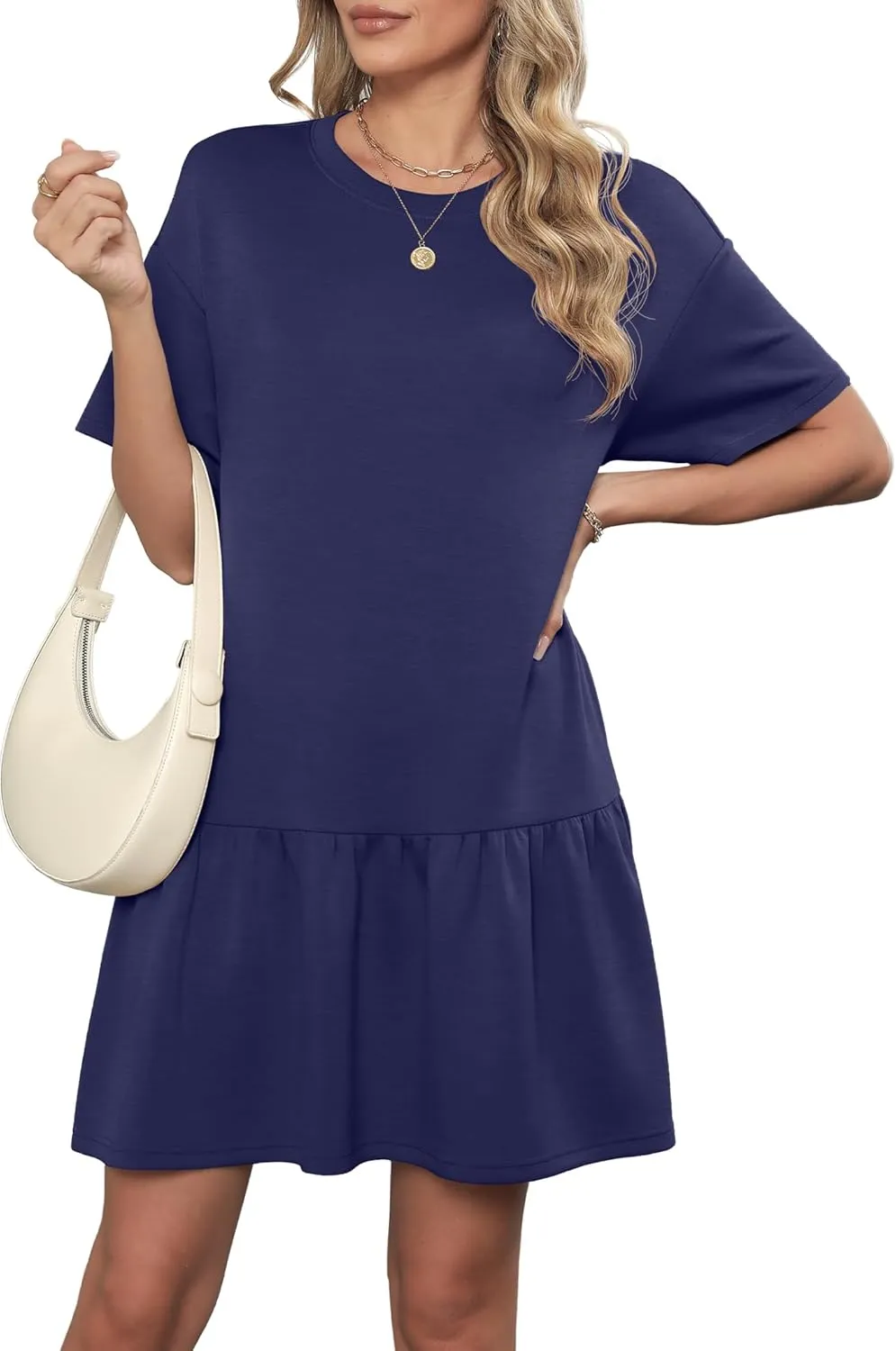 HiMONE Womens Tshirt Dress Summer Casual Crewneck Solid Loose Petite Dresses with Pockets Loose Fit XS-2XL