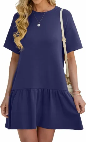 HiMONE Womens Tshirt Dress Summer Casual Crewneck Solid Loose Petite Dresses with Pockets Loose Fit XS-2XL