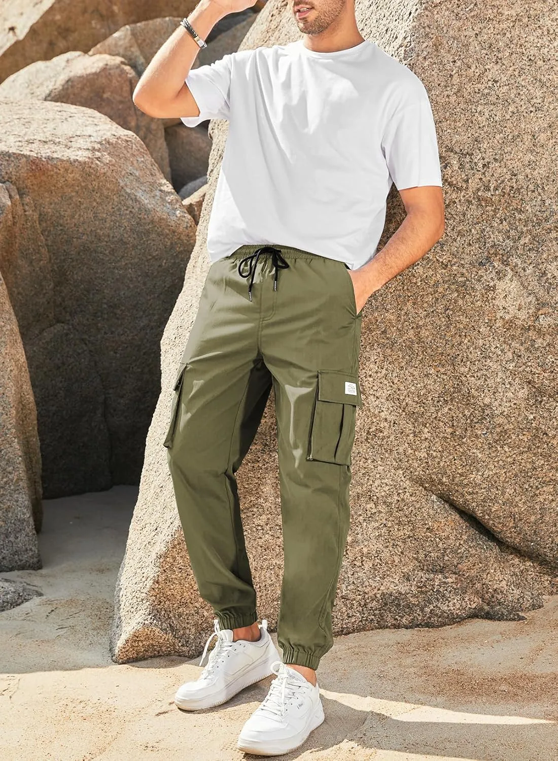 JMIERR Mens Casual Cargo Pants Stretch Elastic Waist Drawstring Joggers Pants Tapered Sweatpants for Men Multi Pockets