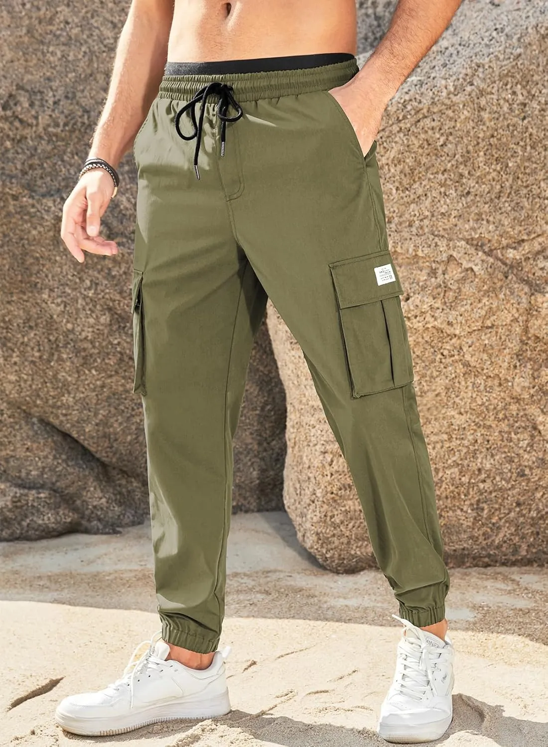 JMIERR Mens Casual Cargo Pants Stretch Elastic Waist Drawstring Joggers Pants Tapered Sweatpants for Men Multi Pockets
