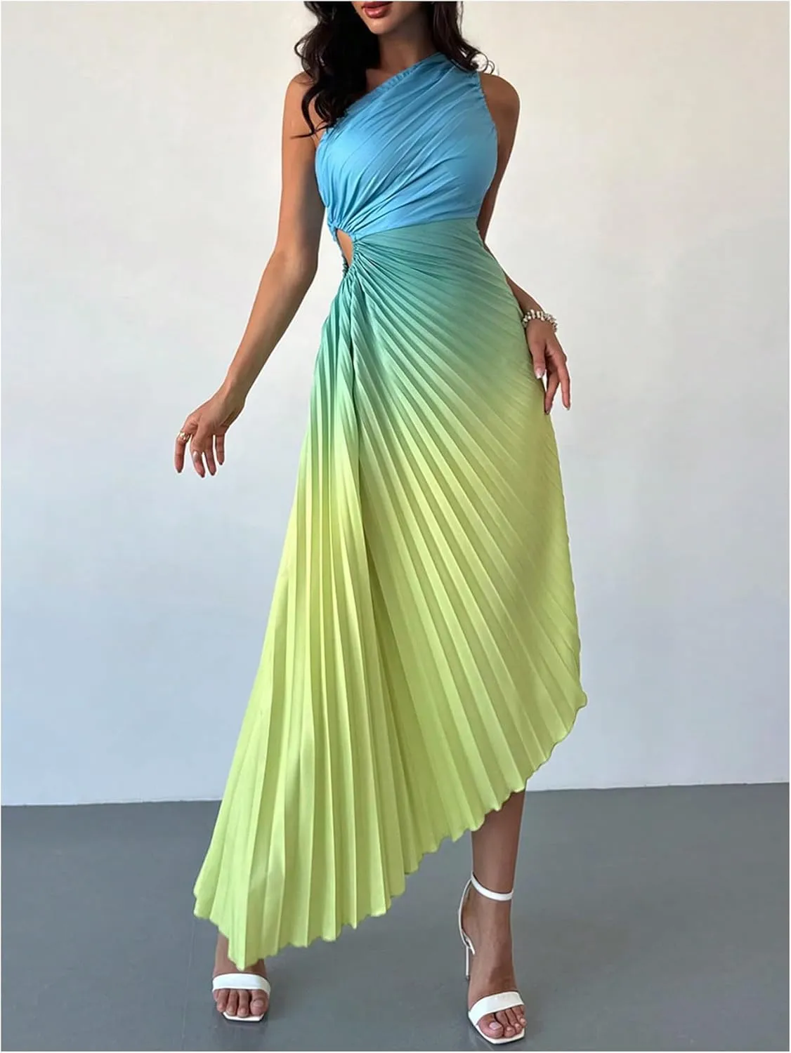 MakeMeChic Women's Casual Striped Cut Out One Shoulder Sleeveless High Waist Summer A Line Maxi Dresses