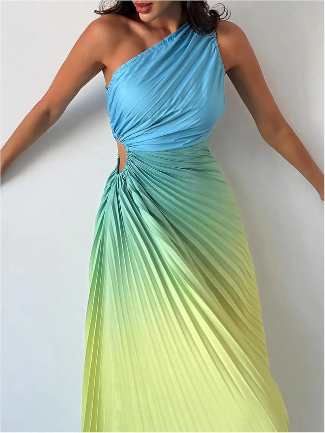 MakeMeChic Women's Casual Striped Cut Out One Shoulder Sleeveless High Waist Summer A Line Maxi Dresses