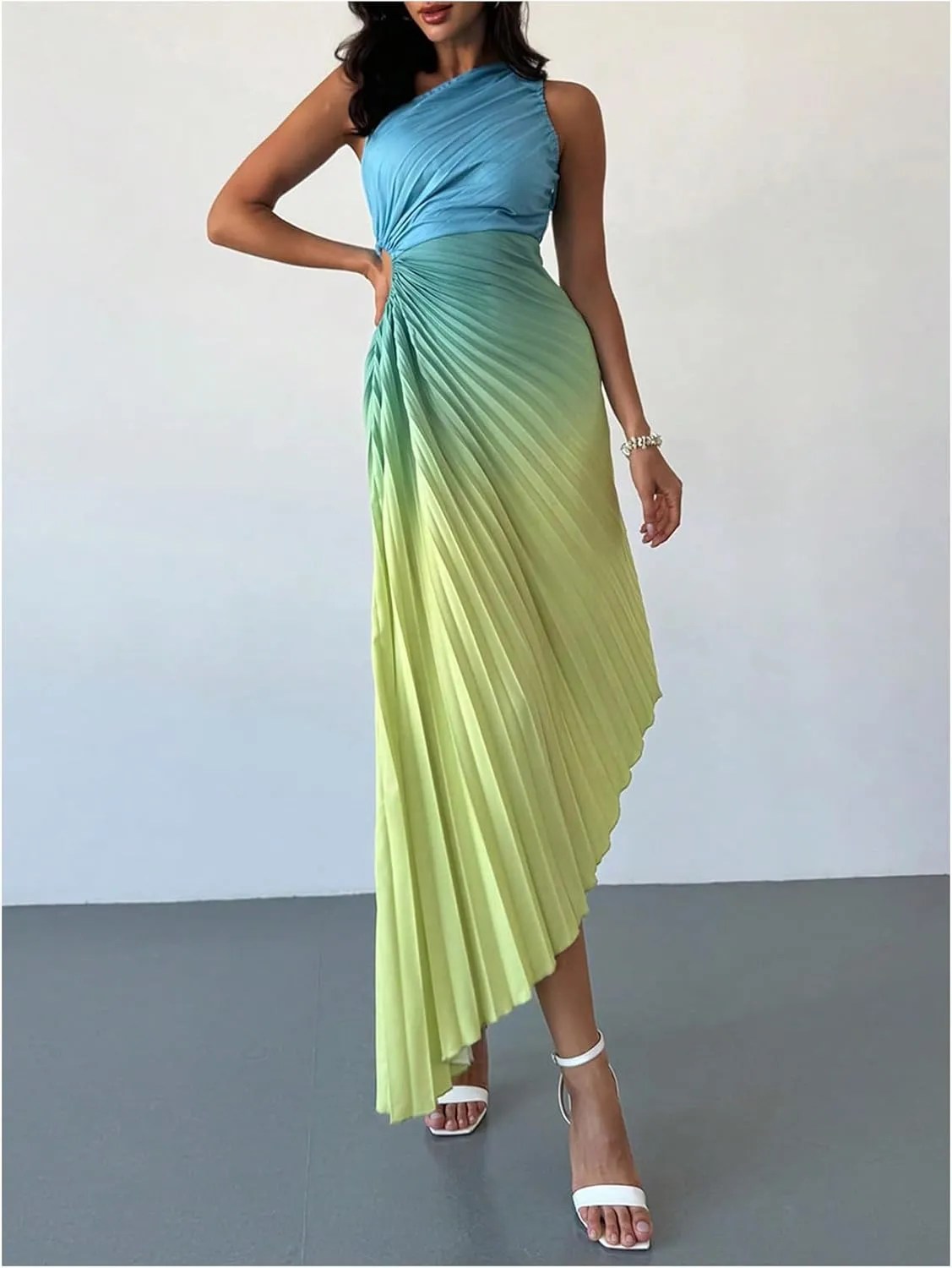 MakeMeChic Women's Casual Striped Cut Out One Shoulder Sleeveless High Waist Summer A Line Maxi Dresses