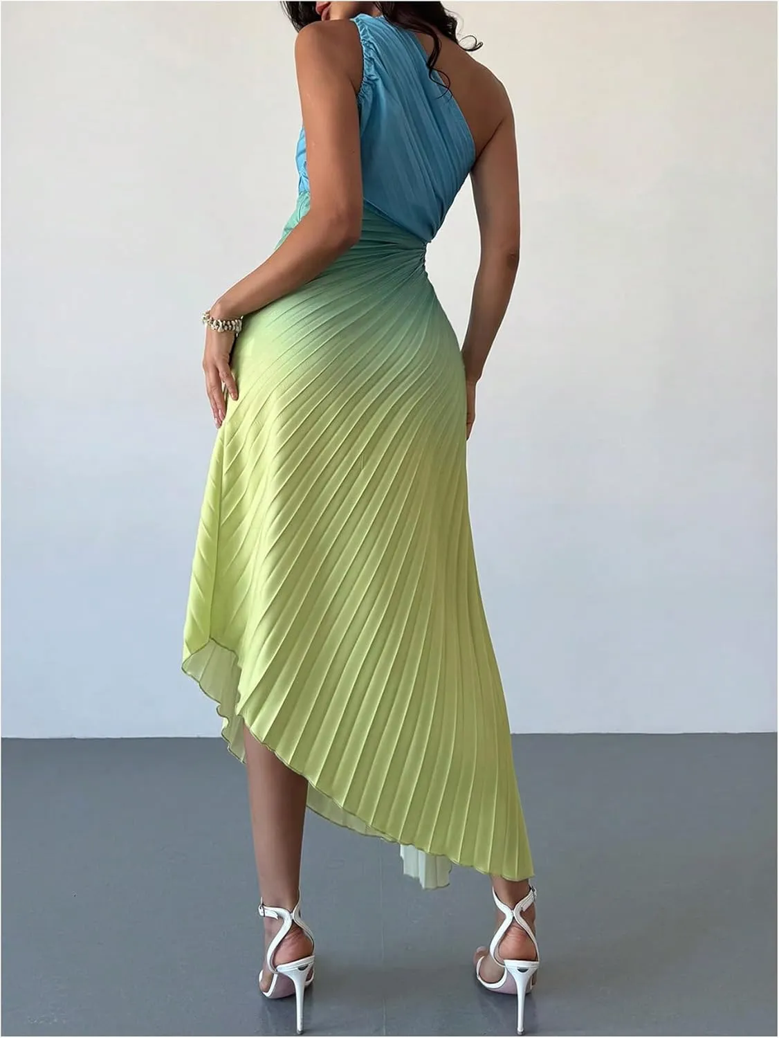 MakeMeChic Women's Casual Striped Cut Out One Shoulder Sleeveless High Waist Summer A Line Maxi Dresses