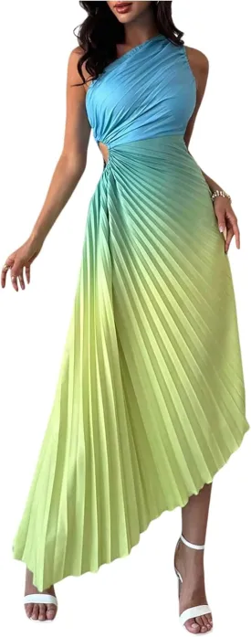 MakeMeChic Women's Casual Striped Cut Out One Shoulder Sleeveless High Waist Summer A Line Maxi Dresses