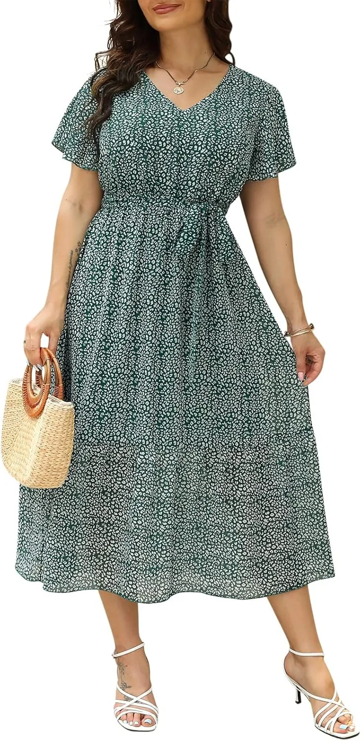 Nemidor Womens Casual Plus Size Boho Print Belted Layered Chiffon Long Dress with Ruffle Sleeve NEM310