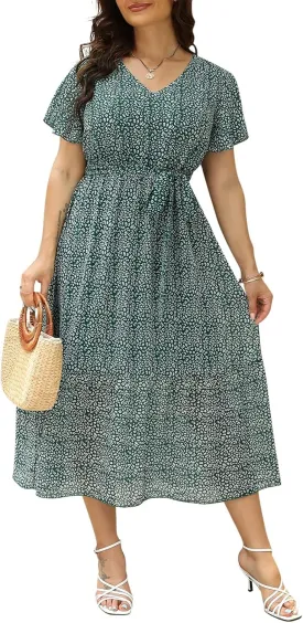 Nemidor Womens Casual Plus Size Boho Print Belted Layered Chiffon Long Dress with Ruffle Sleeve NEM310