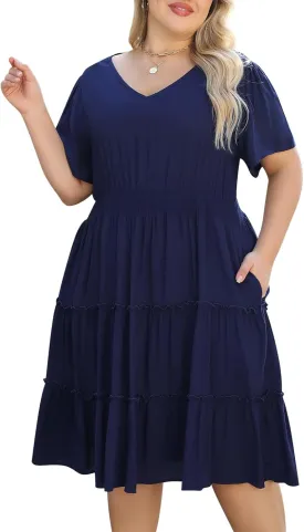 Nemidor Womens Plus Size Summer Midi Dress Casual Tiered Floral Print Beach Swing Boho Dresses with Pocket 16-26